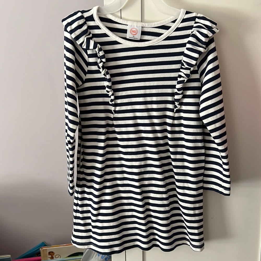 White and navy striped long sleeve dress/tunic with ruffles 5T